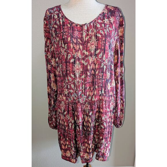 Peruvian Connection Silk Blend Above Knee Drop Waist Keyhole Dress Floral Red 14 - Picture 1 of 5